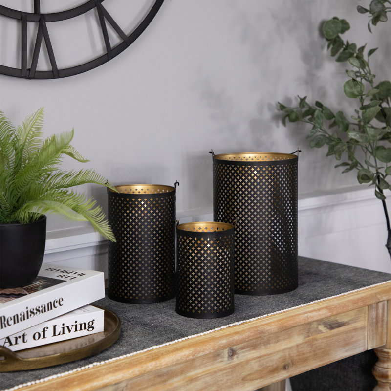 Iron Mesh Candle Holders With Handles - 10" - Gold Finish - Set Of 3, Black