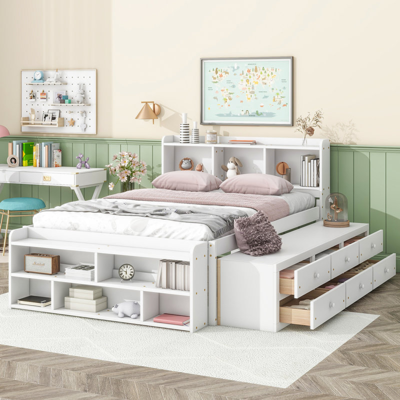 Lit blanc avec tête de lit bibliothèque, rangement sous le lit et rangement pour tête de lit double, sous le lit, Blanc