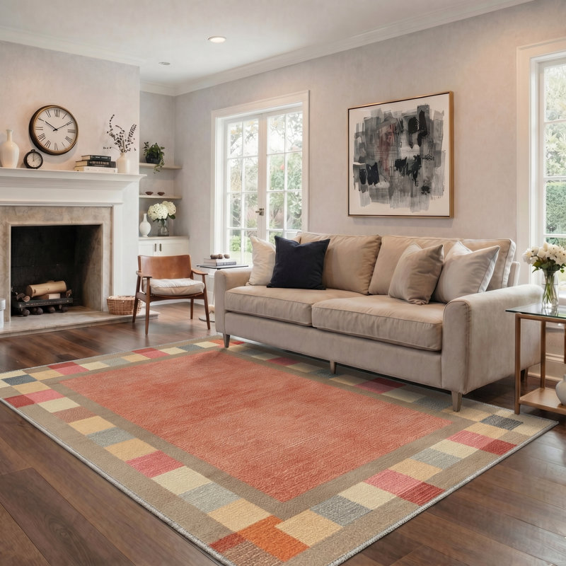 Aura Modern Geometric Machine Washable Orange Indoor Area Rug with Non-Slip Backing, Rectangle 6' x 9'