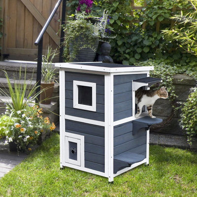 2 - Story Outdoor Cat House, Wooden Shelter With Escape Door, Dark Gray Asphalt Slanted Roof, Roomy For Cats, Easy To Clean, 20"l X 20"w 32"h Interior