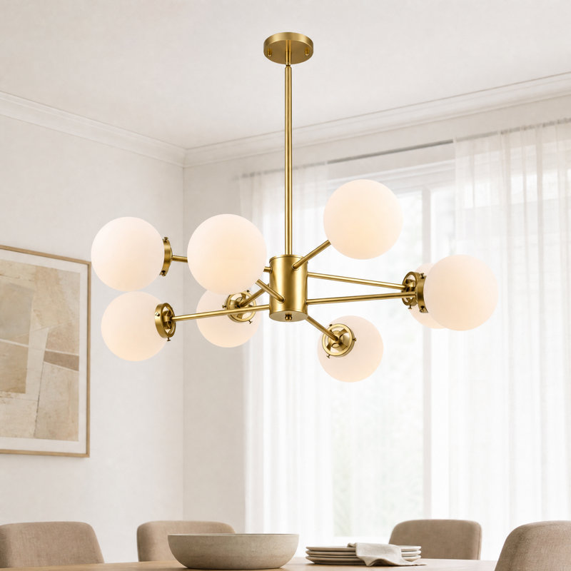 8-Light Modern Sputnik Chandelier with Frosted Glass Shades, Gold, 8 Lights