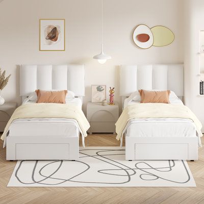 Set Of 2 Storage Beds Twin Size Velvet Upholstered Platform Bed Frame With Adjustable Headboard, Storage Drawers For Bedroom Small Room
