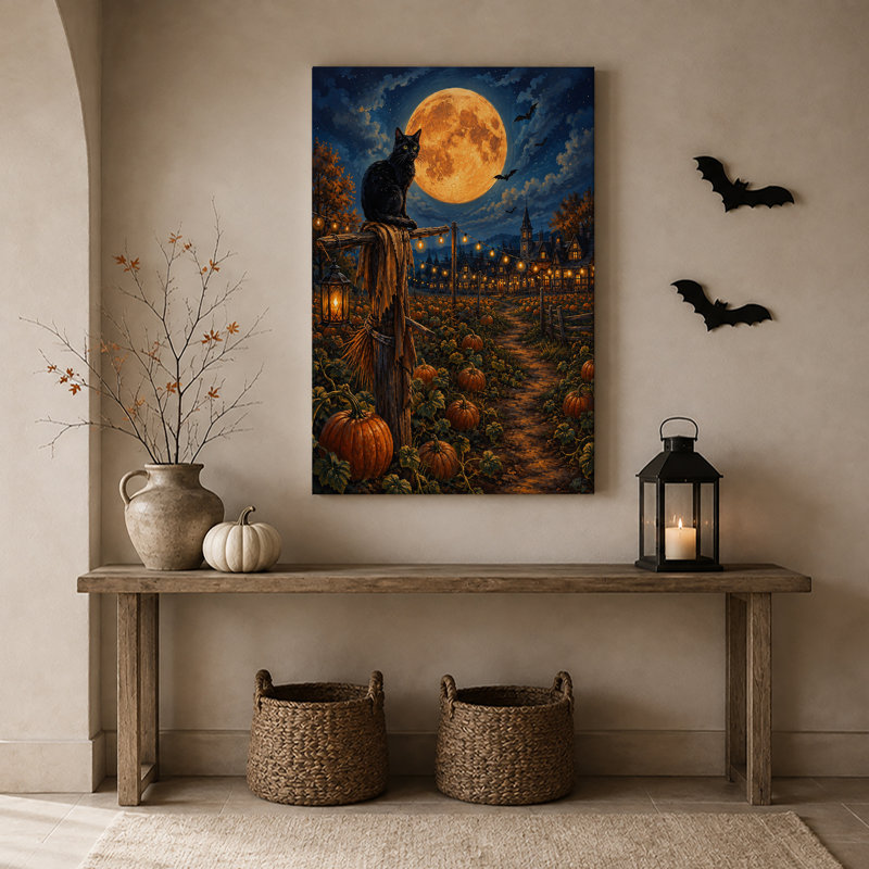 «Black Cat In Pumpkin Patch Under Full Moon Halloween», art mural sur toile, H 36 po x l 24 po