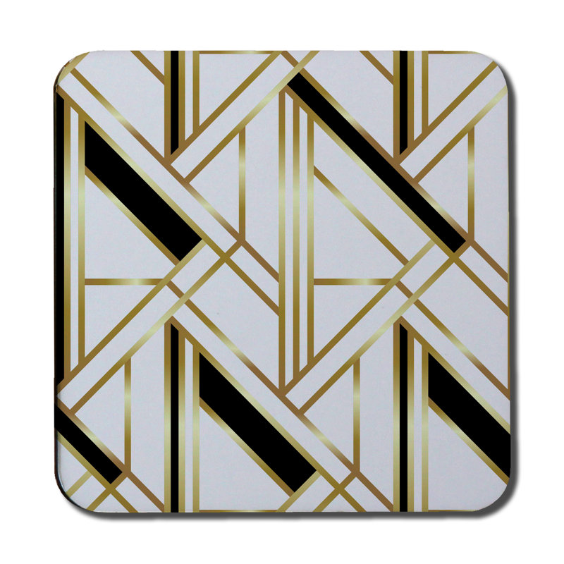 Square 6 Piece Coaster Set, White/Gold/Black