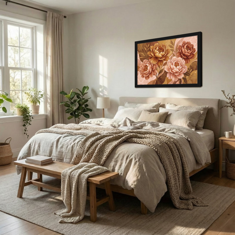 Motif floral de plantes et de fleurs avec pivoines roses et brunes, 24” H x 36” W