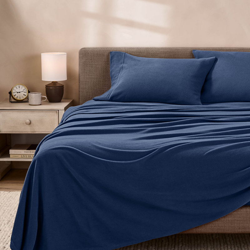Ensemble de draps en molleton polaire ultra doux de qualité supérieure, Bleu foncé, Split Head Flex King With 2 Pillowcase