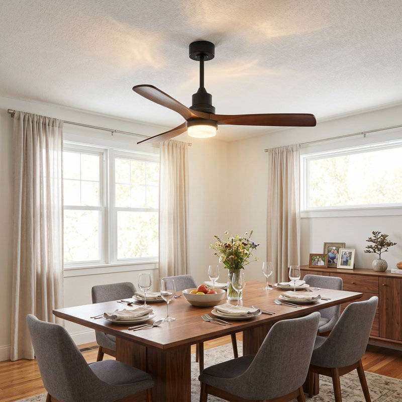  52-inch Modern Ceiling Fan with Light, 3 Solid Wood Blades, DC Motor, 6 Speeds, Downrod Mount for Bedroom, Living Room