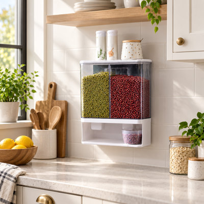 Wall Mounted Rice & Grain Dispenser with 2 Compartments – Transparent Dry Food Storage Container, Press to Dispense, Removable Divider for Rice, Beans, Pet Food & Laundry Beads (Includes 2 Cups)