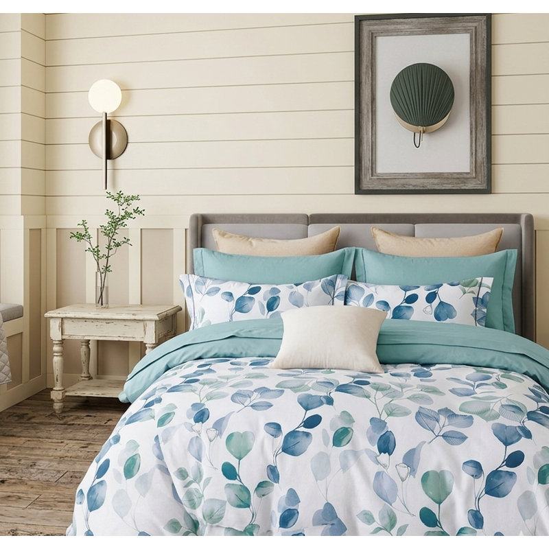 Ensemble de couette Elora Floral Blue surdimensionnée 7 pièces en coton naturel, format King, Très grand lit