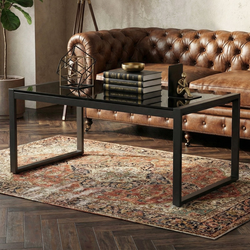 Table basse rectangulaire noire en verre trempé, table basse en verre, Noir