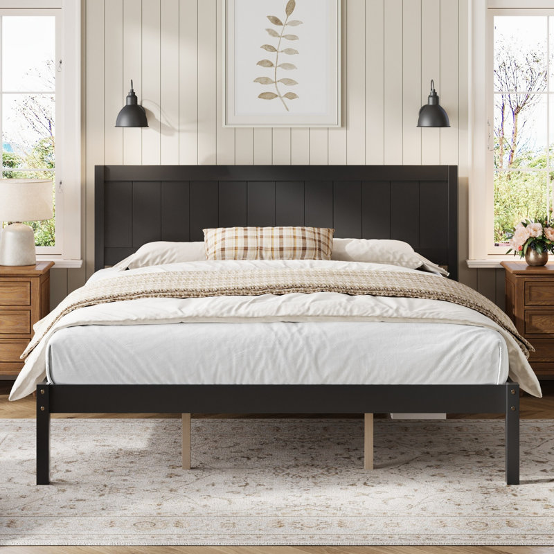 Structure de lit plateforme avec tête de lit, support à lattes de bois, aucun sommier nécessaire, très grand lit, Espresso