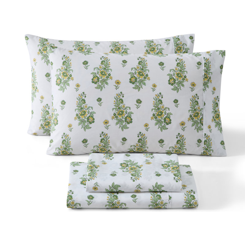 HLC.ME Color Block Printed Floral Bed Sheets - 4 Piece Patterned Bed Sheet Set - Wrinkle Resistant & Soft - Fits Mattresses Up To 15 Inches Deep (King, Green)