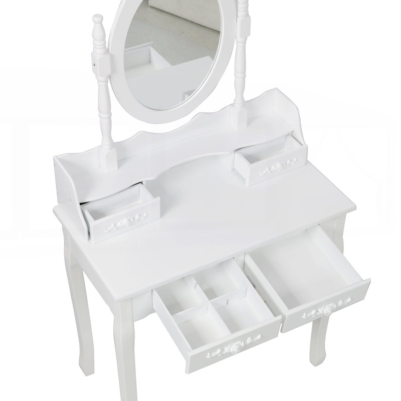 Princess Vanity Desk Set with 360° Rotating Mirror, 4-Drawer Wooden Makeup Table for Room, Ample Storage and Comfortable Stool
