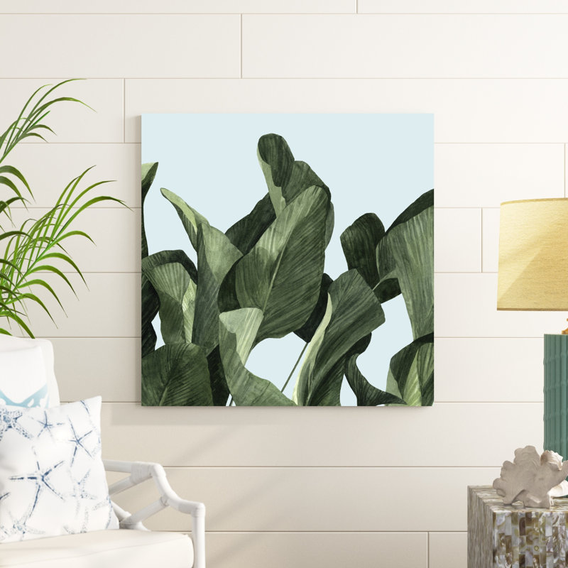 «Celadon Palms II», peinture sur toile, H 36 po x l 36 po, Toile tendue