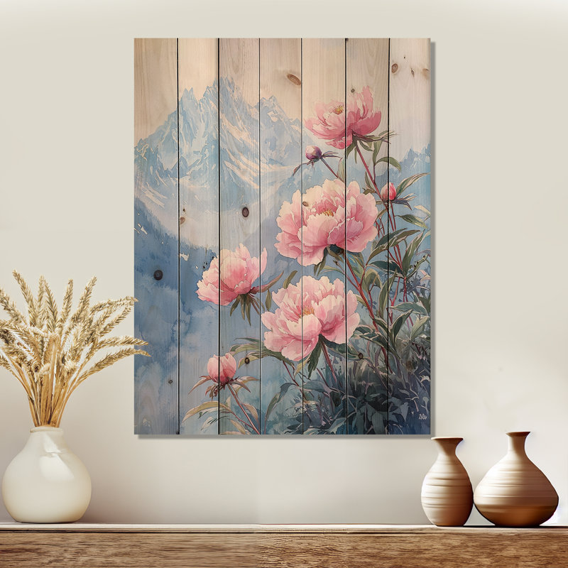 Pivoines par les sommets enneigés III - Décoration murale en bois de pivoines - sur bois de pin naturel