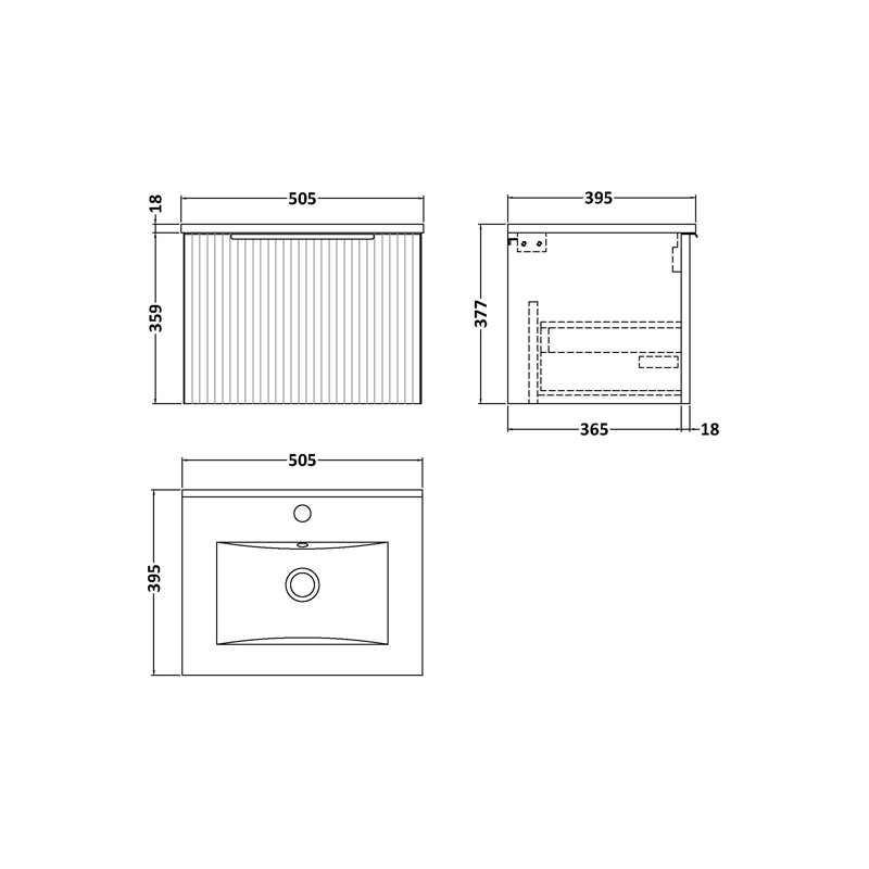 Fluted 505mm Single Bathroom Vanity with Drop In Vitreous China Basin, White