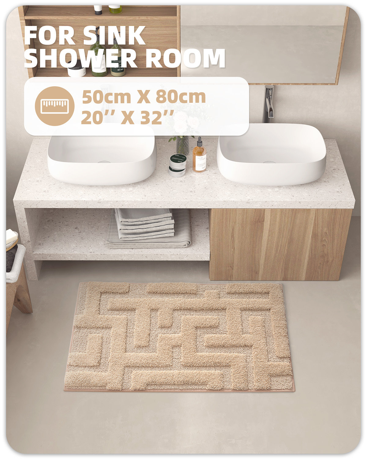 Non-Slip Bath Rug, 20" L x 32" W, Khaki