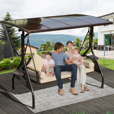 Balancelle de patio à 3 places avec auvent réglable de 135 degrés, balançoire d'extérieur avec auvent, conception de lit convertible et capacité de poids de 800 livres