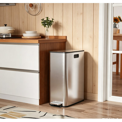 Poubelle 14,8 gallons à deux compartiments, poubelle de cuisine en acier inoxydable avec couvercle papillon et seaux amovibles pour le salon, argent
