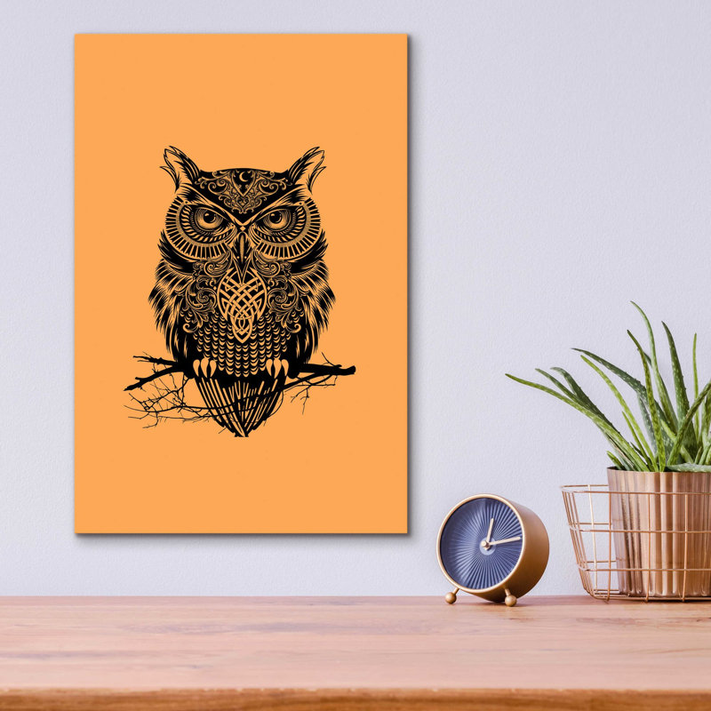 «Warrior Owl On Orange» par Rachel Caldwell, art mural en verre acrylique, H 16 po x l 12 po x P 0,13 po