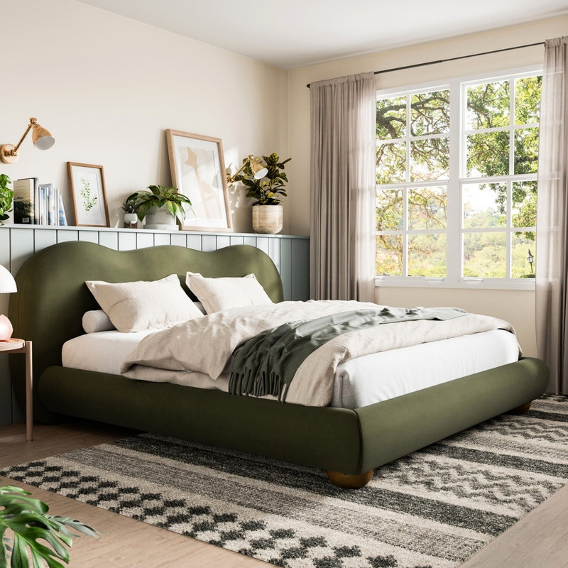 Lit olive contemporain, très grand lit oriental, revêtement en velours bouclé, bois d'hévéa massif et bois d'ingénierie, structure à profil bas, bois d'hévéa, lit pour chambre à coucher