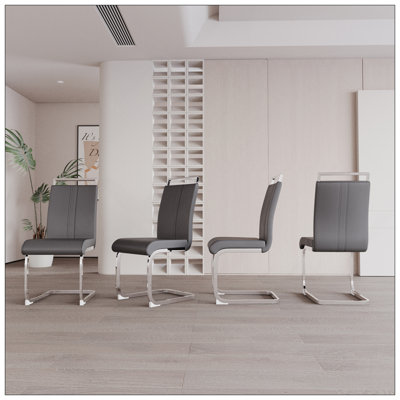 Chaises de salle à manger modernes, chaise d'appoint rembourrée en similicuir à dossier haut en polyuréthane avec pieds en métal plaqués en forme de C pour la salle à manger, chaise de bureau, meuble-lavabo, club de patio (ensemble de 4) (gris et similicuir)