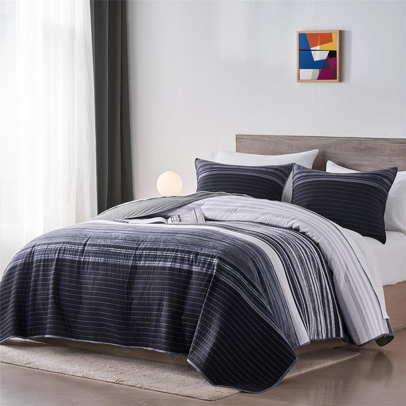 Ensemble de courtepointe pour grand lit noir et gris - 3 pièces de literie en microfibre patchwork rayée avec taies décoratives