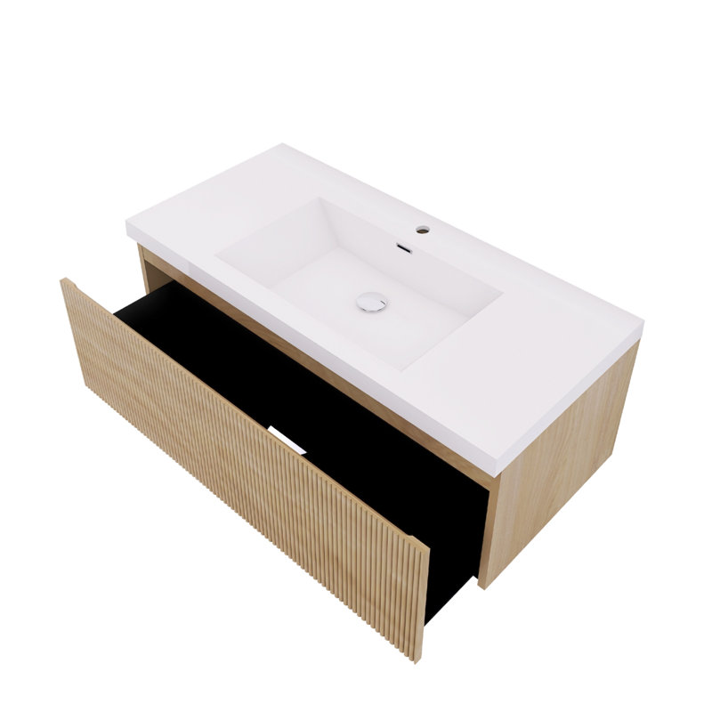 Meuble-lavabo mural en chêne naturel avec comptoir en résine de pierre et tiroirs à fermeture en douceur, Naturel, 42", Blanc