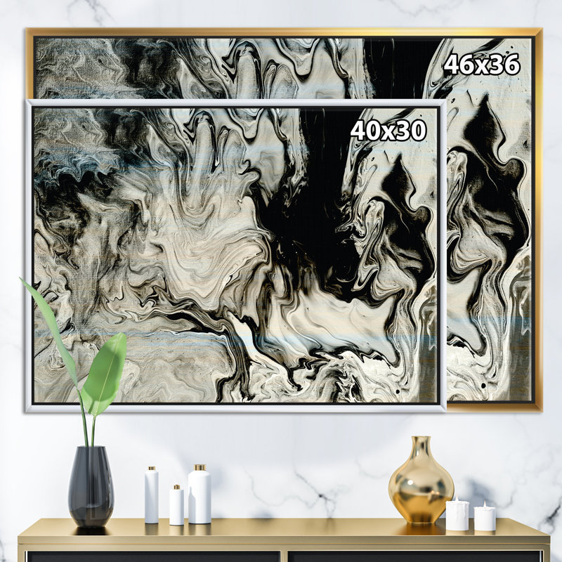 Blanc, gris et blanc, marbre peint à l'acrylique VII - reproduction d'art sur toile, H 24 po x l 36 po x P 1 po