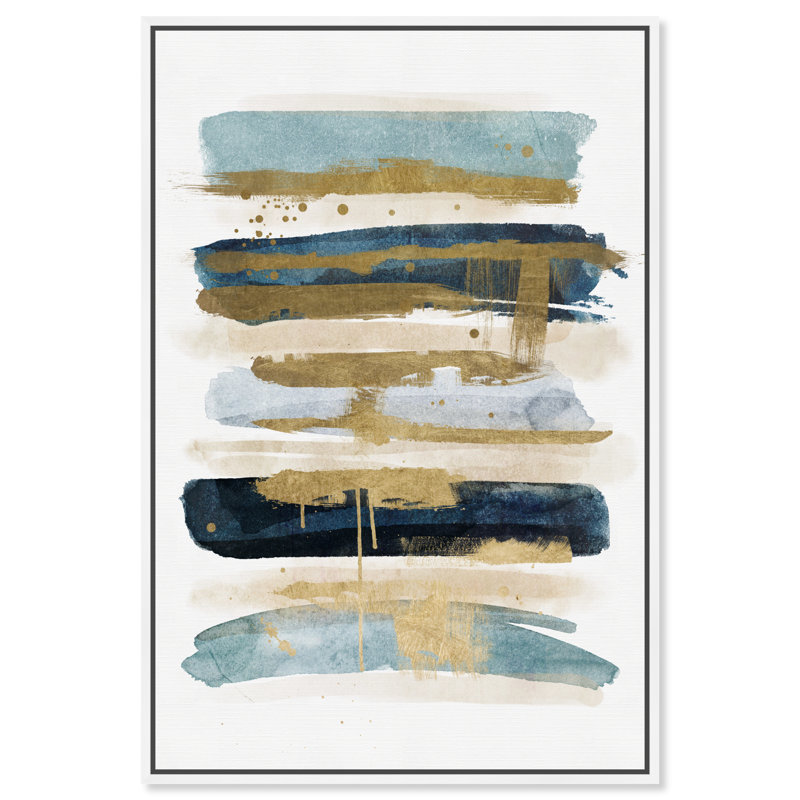«Abstract Ocean Line» bleu / or / beige - impression sur toile, H 54 po x l 36 po, Cadre flottant blanc