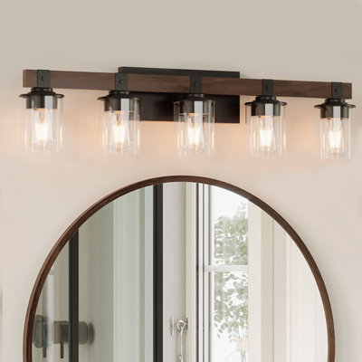 5 Light Dimmable Bathroom Vanity Lights, Moisture-Resistant Solid Wood & Black Metal, Clear Glass Shades, Industrial Style