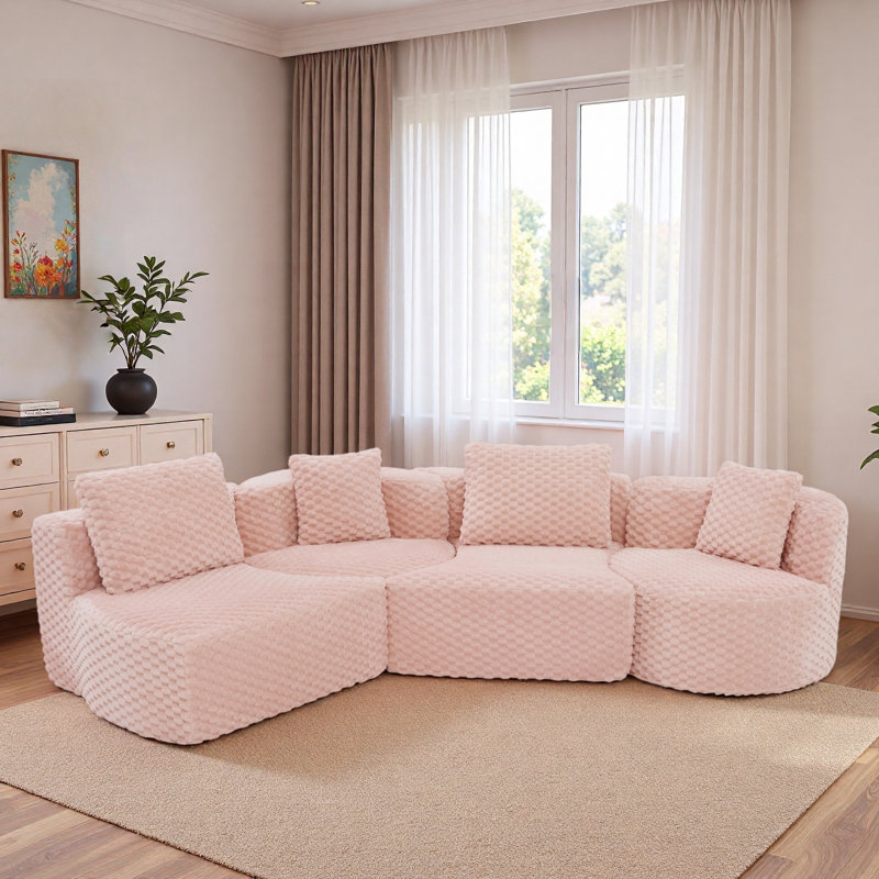 Modular Sectional Sofa With Rounded Silhouette And Pillows, Pink