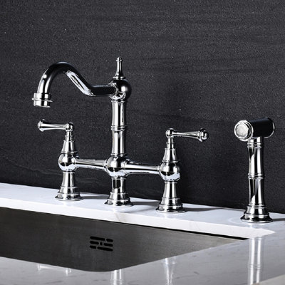 Robinet de cuisine Bridge avec deux poignées et douchette latérale extractible, produit en laiton, embout rotatif à 360 degrés, finition rouille, matériau résistant à la corrosion, poignée à double configuration