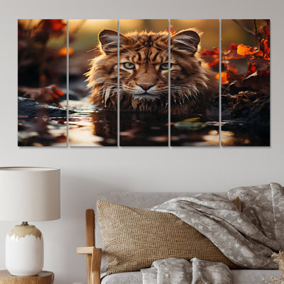 Portrait d'un tigre sauvage, photographie de nature I - animaux, art mural, salon, 5 panneaux égaux