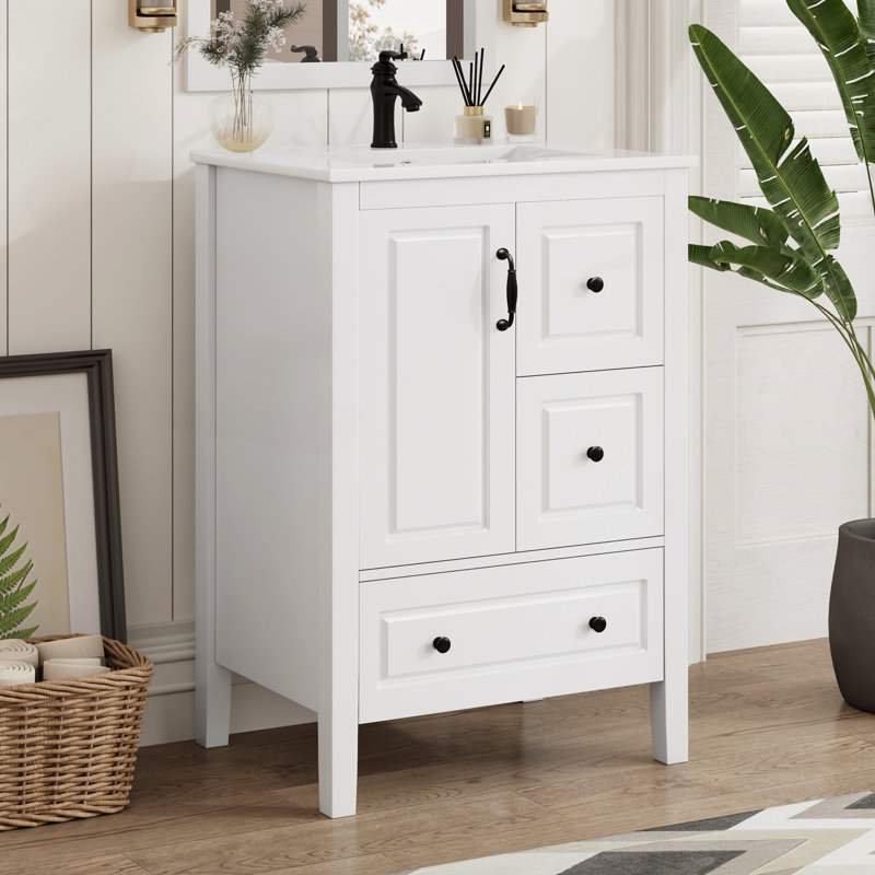 Meuble-lavabo de 24 po avec lavabo, portes et tiroirs à fermeture en douceur, poignées en métal rétro, Blanc