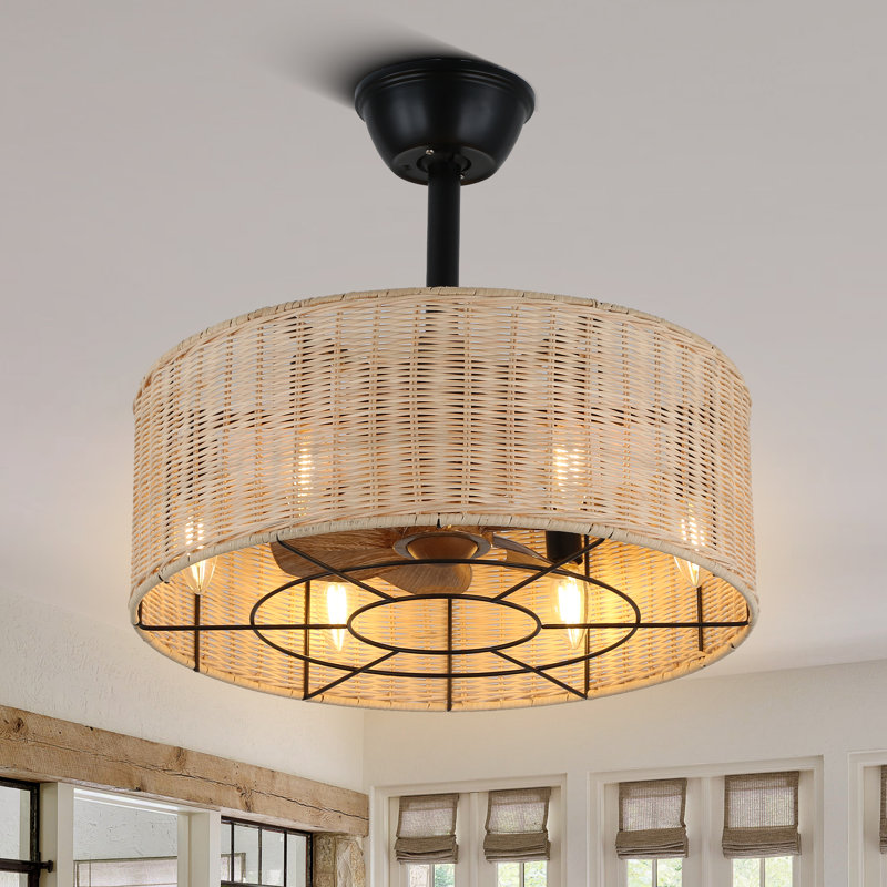 Mika 18" Beige Rattan Caged Ceiling Fan with Light and Remote