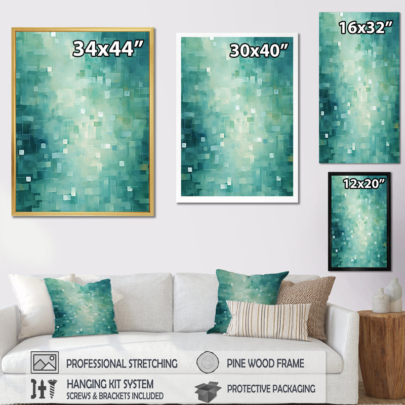 «California Sunshine Abstract Cubist Turquoise», peinture murale abstraite, salon, Cadre flottant noir