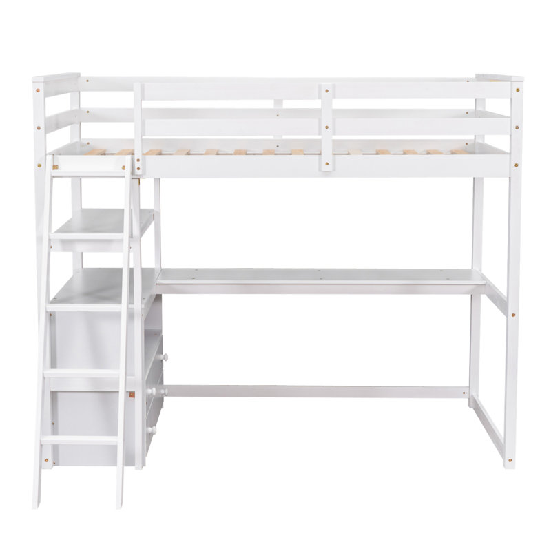 Lit mezzanine avec bureau et tablettes, Lit simple, Blanc