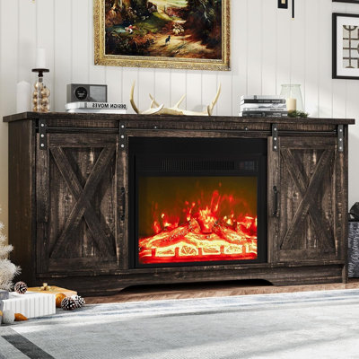 Fireplace TV Stand with 24" Electric Fireplace, Sliding Barn Door, Farmhouse Fireplace Entertainment Center with Adjustable Storage Cabinets, TV Conso by Gracie Oaks