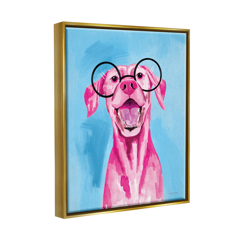 «Happy Dog» rose et bleu encadré sur bois par Rachel Nieman, peinture, H 31 po x l 25 po x P 1,7 po