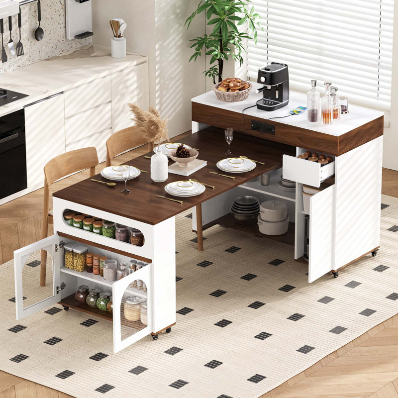 Table de salle à manger extensible avec plateau pliable extra-long, îlot de cuisine roulant avec tiroirs, prise de courant et verrou de frein, armoire de rangement pour la cuisine et la salle à manger