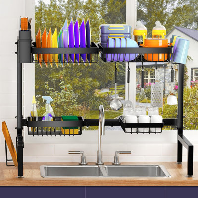 2 Tiers 4 Baskets Expandable Over The Sink Dish Drying Rack: Fits All Sinks (24.8" - 35.4"), Large Capacity for Kitchen & Family