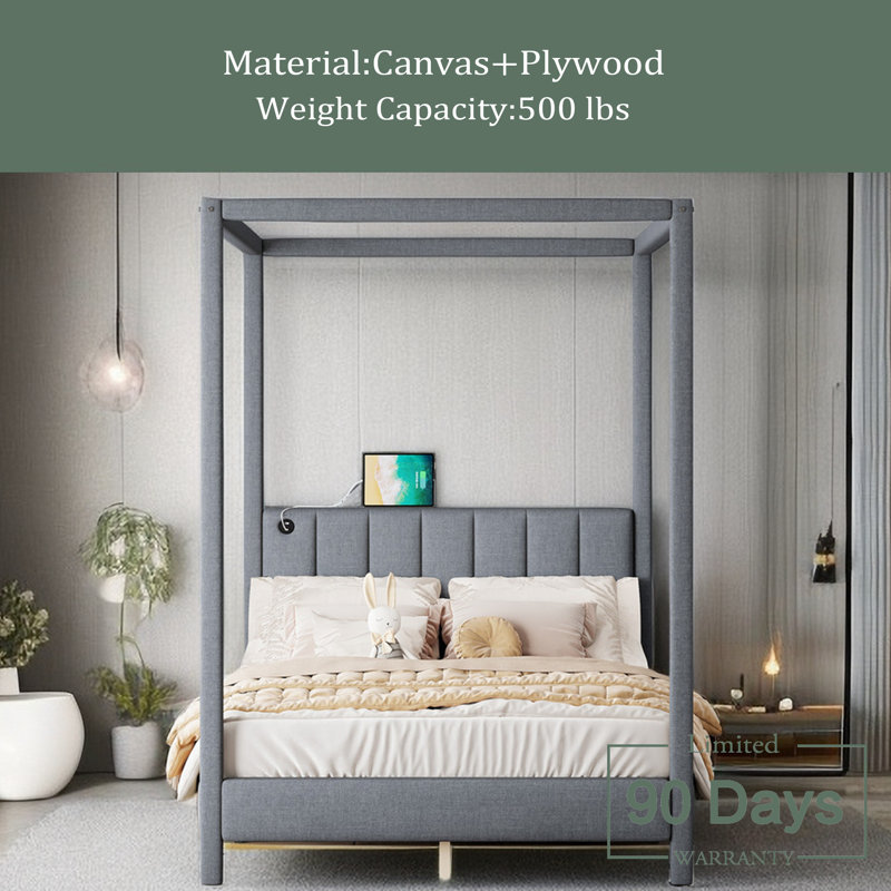Grand lit plateforme à baldaquin avec ports USB et Type-C, toile, Grand, gris