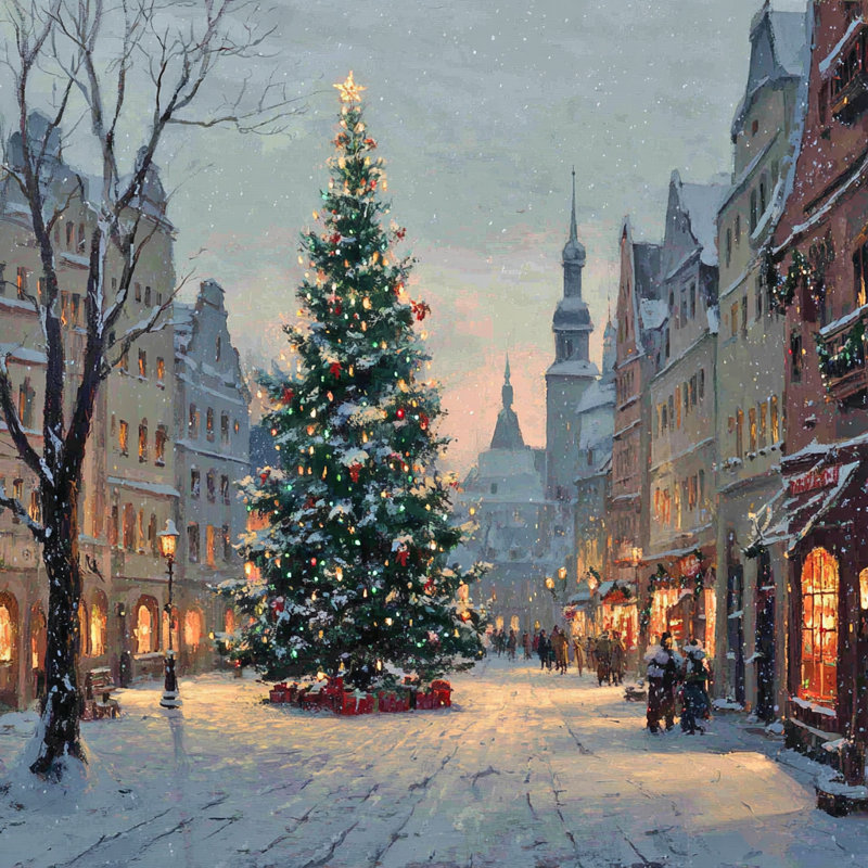 «Old Town Christmas Tree», art mural sur toile tendue, 12 po x 12 po