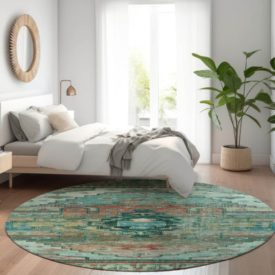Machine Washable Indoor/Outdoor Xhevrie Teal Rug