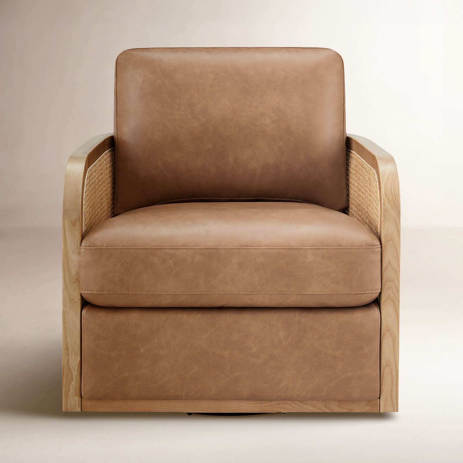 Juliette Leather Natural Cane Swivel Barrel Chair, Copley Camel Vegan Leather