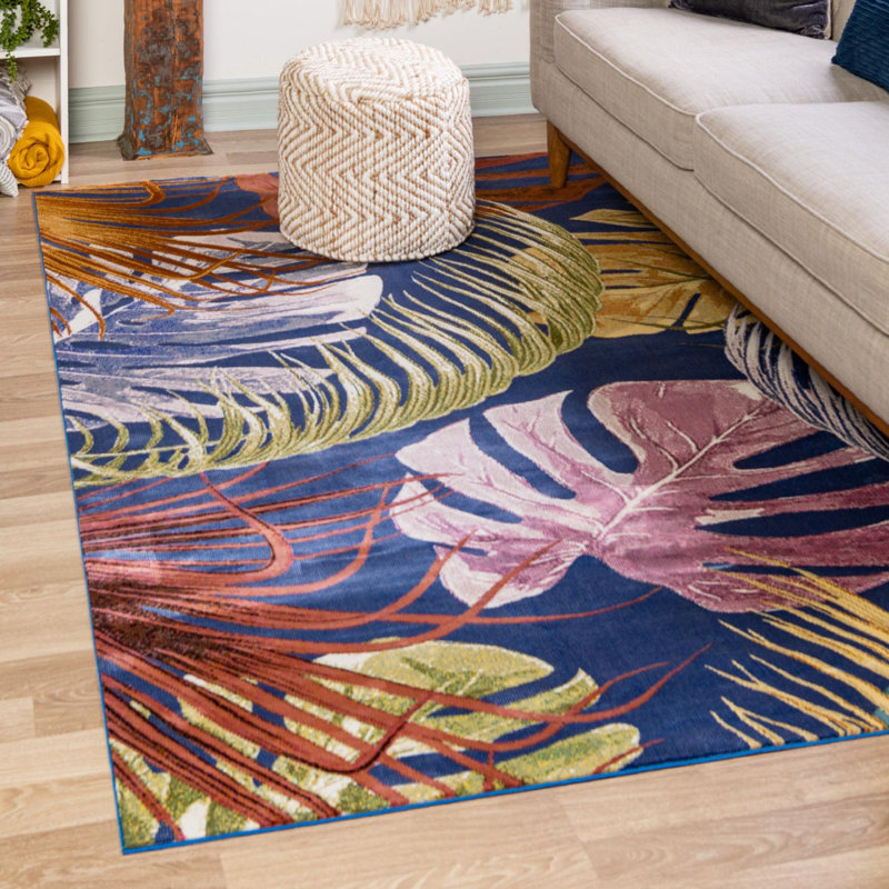 Tapis bleu marine / rose / jaune Lavern, Rectangle 7 pi 10 po x 10 pi