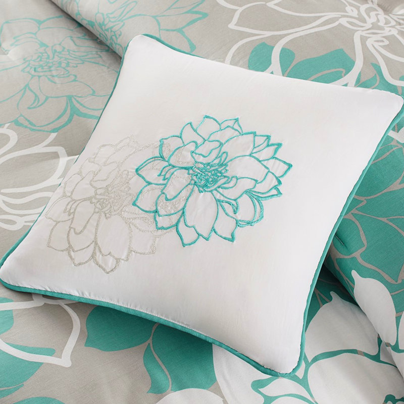 Édredon très grand lit - tissu de coton, jupe de lit, 3 coussins décoratifs imprimés, jupe à motif floral, texturé, Aqua