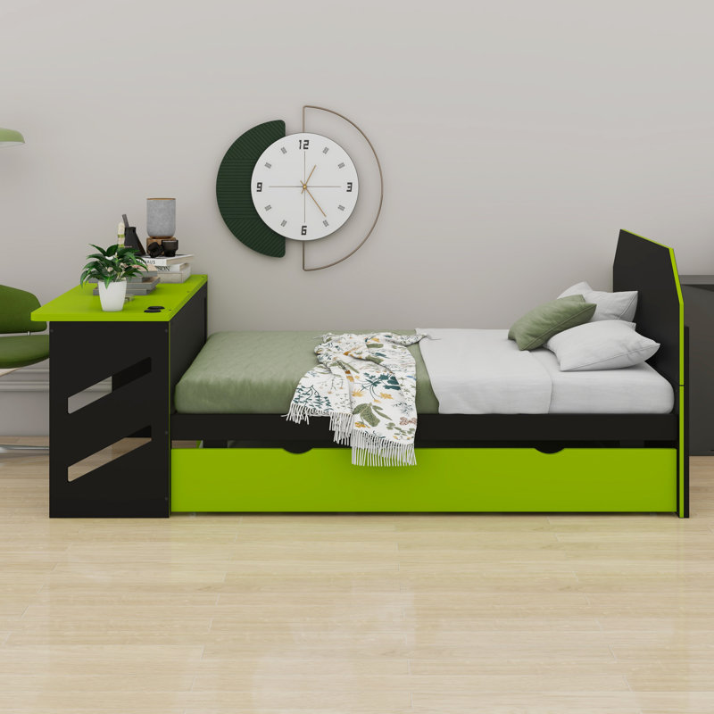 Wood Daybed With Trundle,Desk And USB, Green/Black