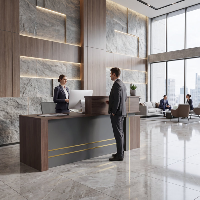 Bureau de réception moderne en noyer avec prises de courant intégrées, tiroir verrouillable et plateau à clavier coulissant pour bureau, comptoir de caisse, réception et service à la clientèle